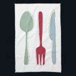 Funky Kitchen Utensils Mitte des Jahrhunderts Retr Geschirrtuch<br><div class="desc">Dieses Retro-Küchentuch mit Küchenutensilien (Gabel, Messer und Löffel) in einer Kombination aus Rot, Blau und Grün wird fabelhaft an Ihrer Ofentür hängen.</div>