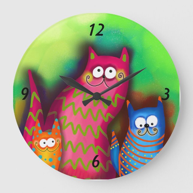 Funky Künstlerische Cat Wall-Uhr Große Wanduhr (Vorderseite)