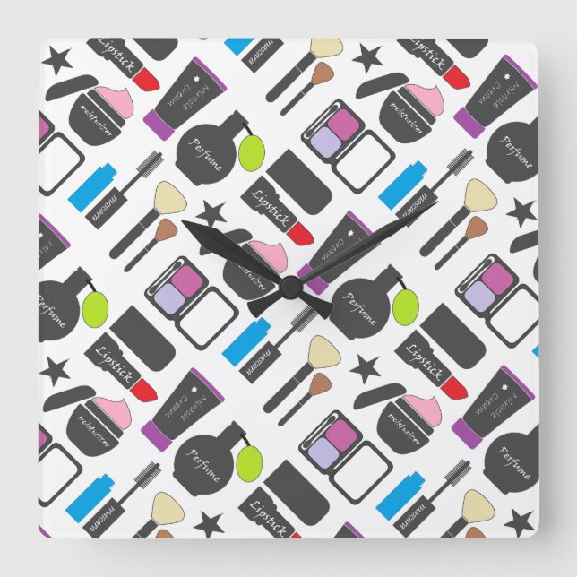 Funky Makeup Cosmetics Collage Pattern Quadratische Wanduhr (Vorderseite)