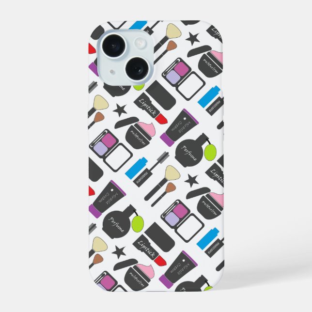 Funky-Makeup-Kosmetik-Collage-Muster iPhone 15 Hülle (Rückseite)