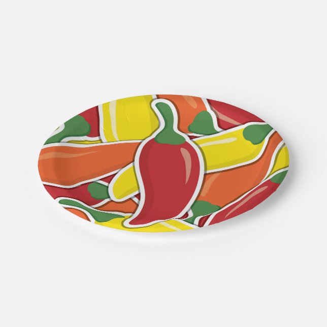 Funky Mixed Chili Paprikaschoten Pappteller (Schrägansicht)