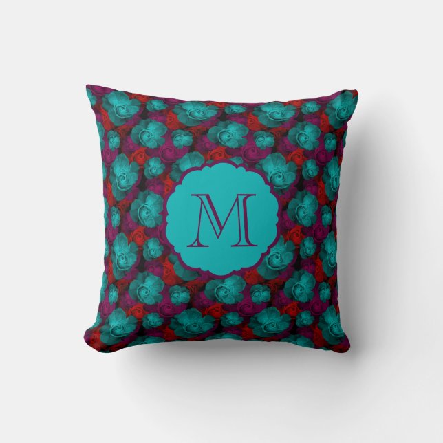 Funky mutiges Rosen-Muster-Monogramm Kissen (Vorderseite)