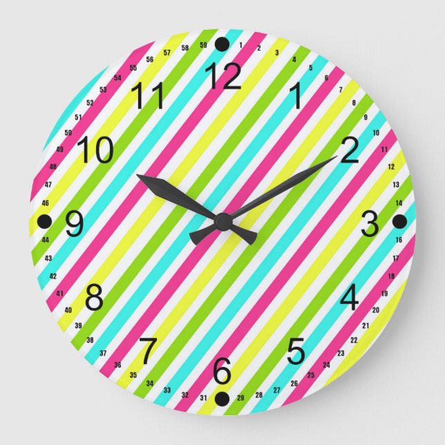 Funky Neon Pink Blau Gelbe Streifen Große Wanduhr (Vorderseite)