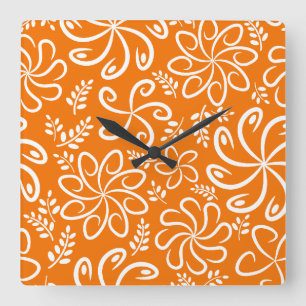 Funky orange flowers and leaves Wall Clock Quadratische Wanduhr