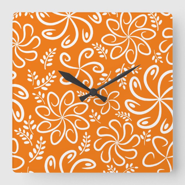 Funky orangefarbene Blume und Blätter Wall Clock Quadratische Wanduhr (Vorderseite)