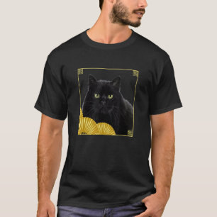 Funky-Ostasiatischer-Stil Schwarze Katze in Rahmen T-Shirt