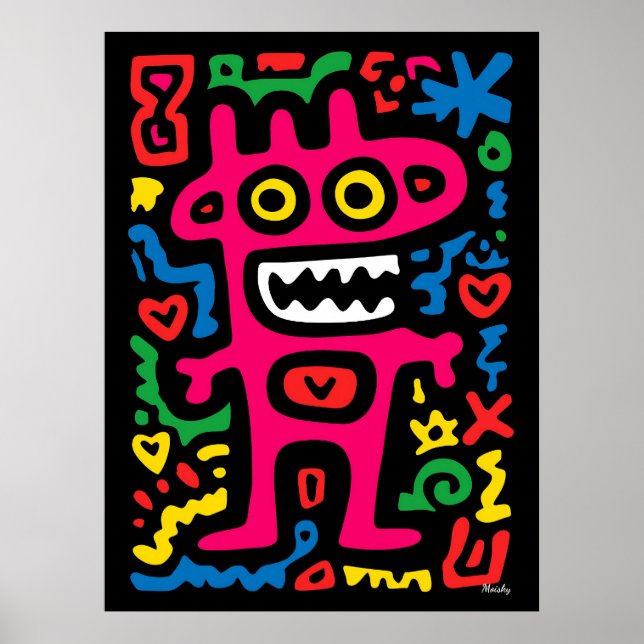Funky Pink Alien - Neon Pop Art Quirky Monster Poster (Vorne)