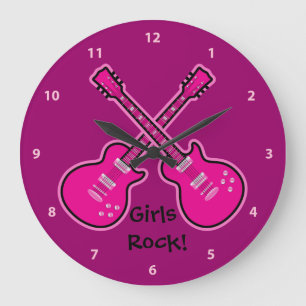 Funky Pink & Black Guitars Girls Rock Clock Große Wanduhr