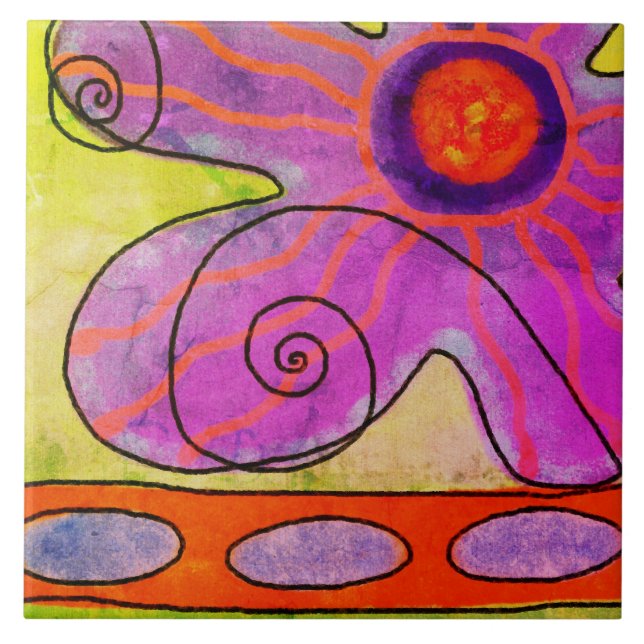 Funky Pink Blume Abstrakte Malerei Fliese (Vorderseite)