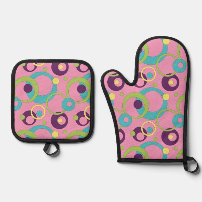 Funky Pink Circles Ofenhandschuh & Topflappen-Set (Vorderseite)