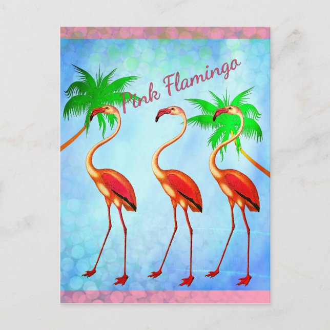 Funky Pink Flamingos Palm Trees Blue Sky Postkarte (Vorderseite)