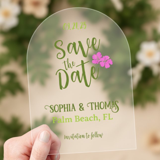 Funky Pink & Green Tropical Save the Date Arch Acryleinladungen (Funky save the date card in white with pops of color in pink!)