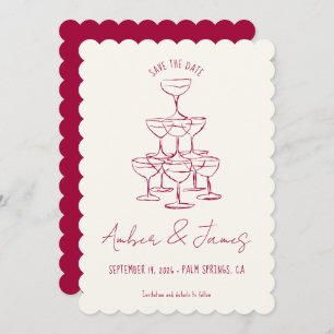 Funky Pink Hand gezeichnete Champagner Tower Weddi Save The Date