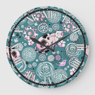 Funky Pink Kitty Cat Pattern Wall Clock Große Wanduhr