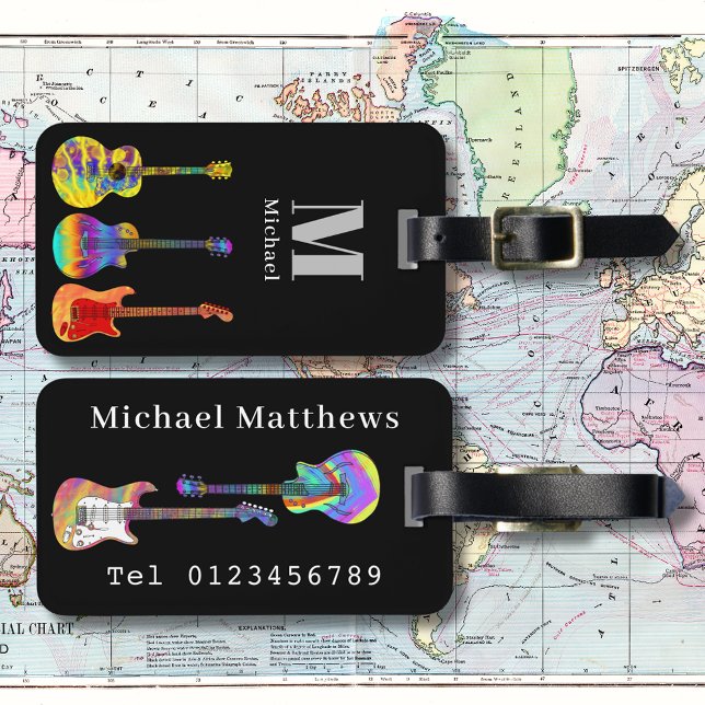 Funky Psychedelic Gitarre Pop Art Music Instrument Gepäckanhänger (Funky guitar pattern on black personalized monogram music themed luggage tag)