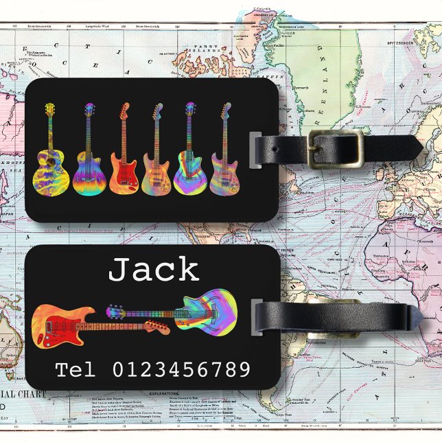 Funky Psychedelic Gitarre Pop Art Music Instrument Gepäckanhänger (Funky guitar pattern on black personalized travel luggage tag   guitarists music teachers musicians)