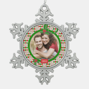 Funky Red Green Family Foto Xmas Weihnachten Schneeflocken Zinn-Ornament
