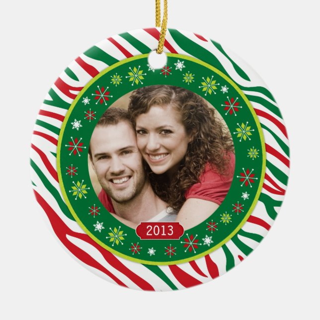 Funky Red Green Zebra Print Family Foto Weihnachte Keramik Ornament (Vorne)