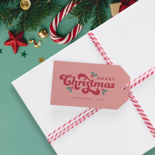 Funky Retro 70er Holly Jolly Geschenkanhänger (retro 70s funky Merry Christmas gift tag)