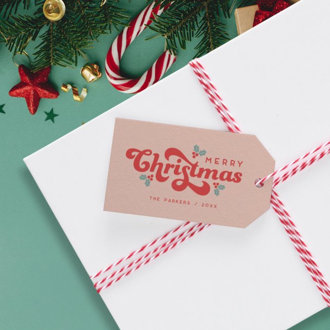 Funky Retro 70er Holly Jolly Geschenkanhänger (funky retro 70s Merry Christmas gift tag)