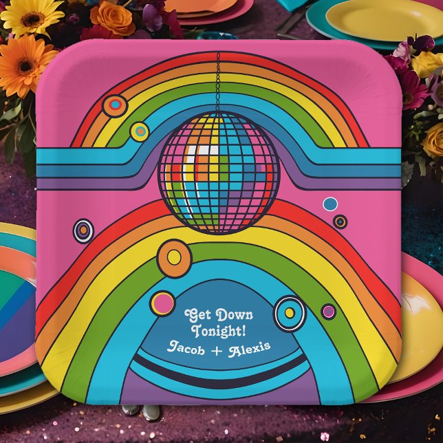 Funky Retro 70's Disco Rainbow Groovy Mirror Ball Pappteller (Thrifty retro 70's wedding party plates with a disco theme and bright rainbow colors)