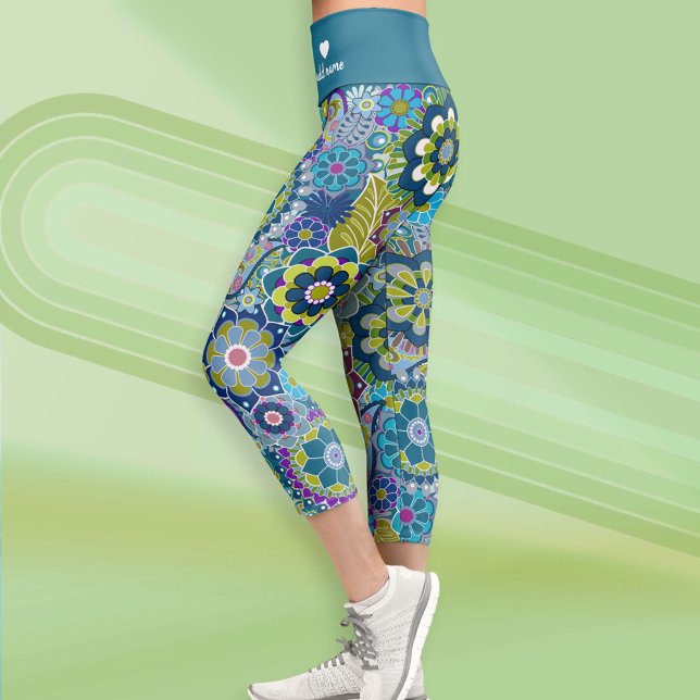 Funky Retro Blumenmuster mit Namen - aquamarin bla Capri Leggings (Custom Leggings)