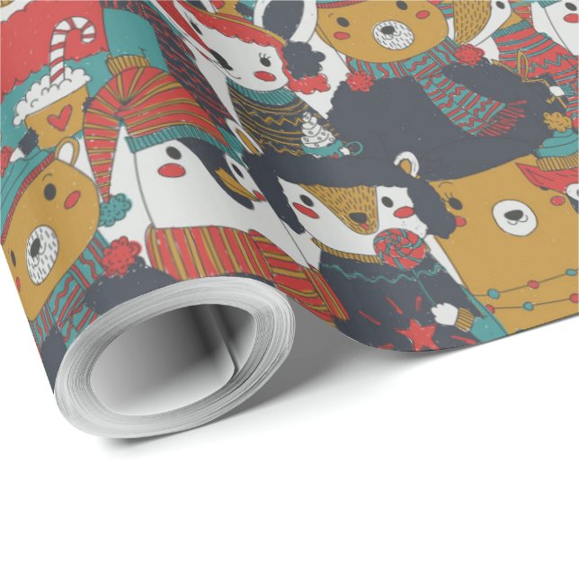 Funky Retro Christmas Animals Geschenkpapier (Rolleneckpunkt)