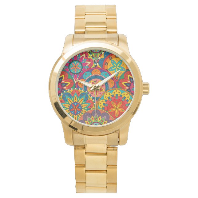 Funky Retro Colorful Mandala Pattern Armbanduhr (Vorderseite)