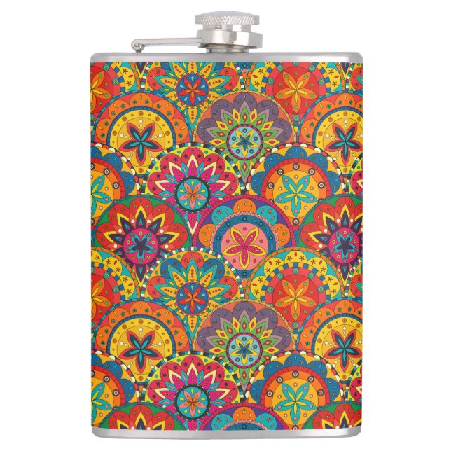 Funky Retro Colorful Mandala Pattern Flachmann (Vorderseite)