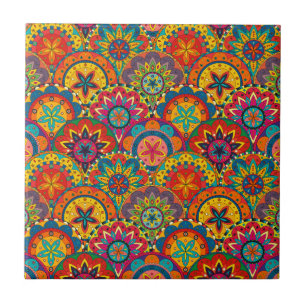 Funky Retro Colorful Mandala Pattern Fliese
