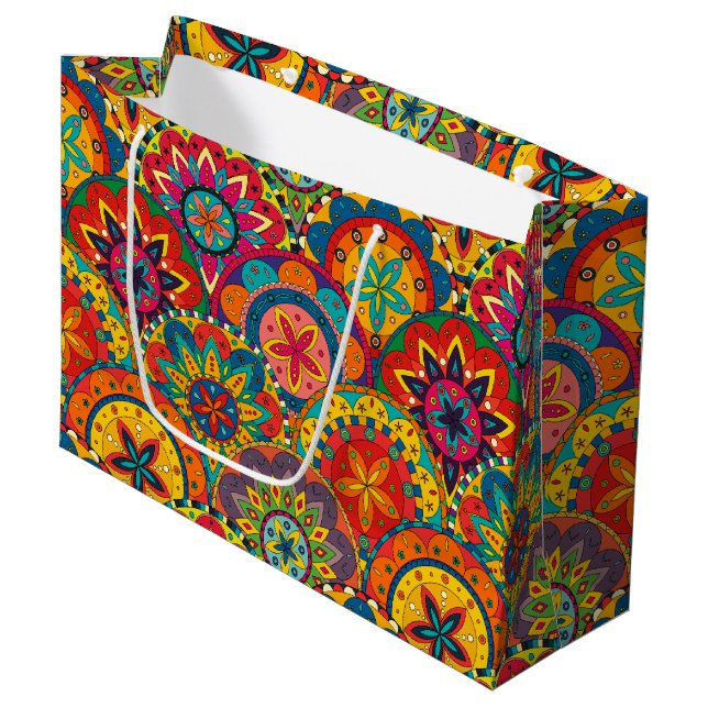 Funky Retro Colorful Mandala Pattern Große Geschenktüte (Vorderseite Schrägansicht)