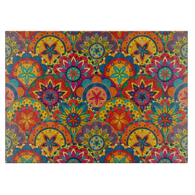 Funky Retro Colorful Mandala Pattern Schneidebrett (Vorderseite)