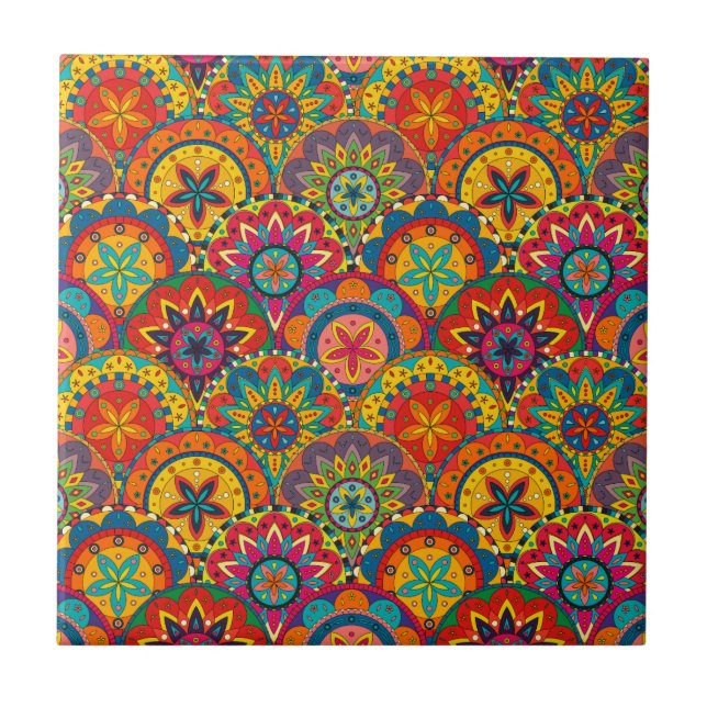 Funky Retro Farbige Mandala-Muster Fliese (Vorderseite)