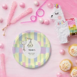 Funky Retro Kubismus Storch Lieferung Babyparty Pappteller