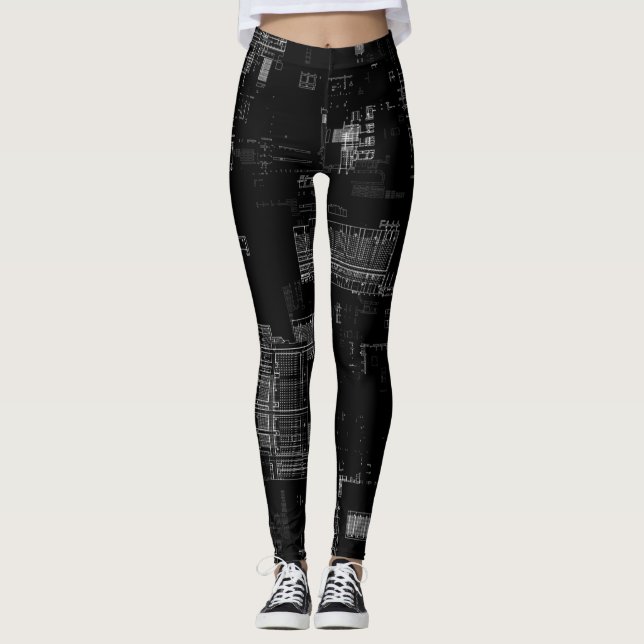 Funky Retro Schwarz-weiße Computerplatine Leggings (Vorderseite)