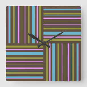 Funky retro stripes brown, pink, aqua clock quadratische wanduhr