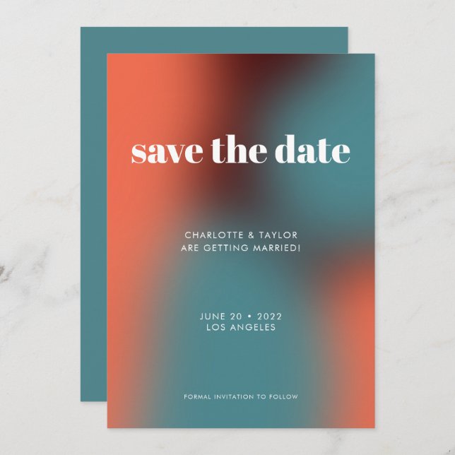 Funky Retro Turquoise Orange Gradient Wedding Save The Date (Vorne/Hinten)