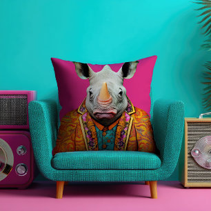 Funky Rhino Portrait Hot Pink Kissen