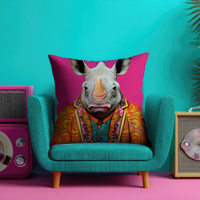 Funky Rhino Portrait Hot Pink Kissen (Von Creator hochgeladen)