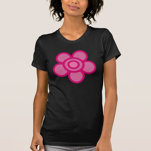 Funky rosa Cartoon-Blumenschwarzt-shirt T-Shirt (Vorderseite)