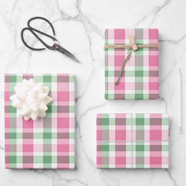 Funky rosa und grünes Kariertes Tartan-Muster Geschenkpapier Set (Vorderseite)