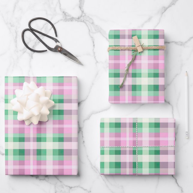 Funky rosa und grünes Kariertes Tartan-Muster Geschenkpapier Set (Vorderseite)