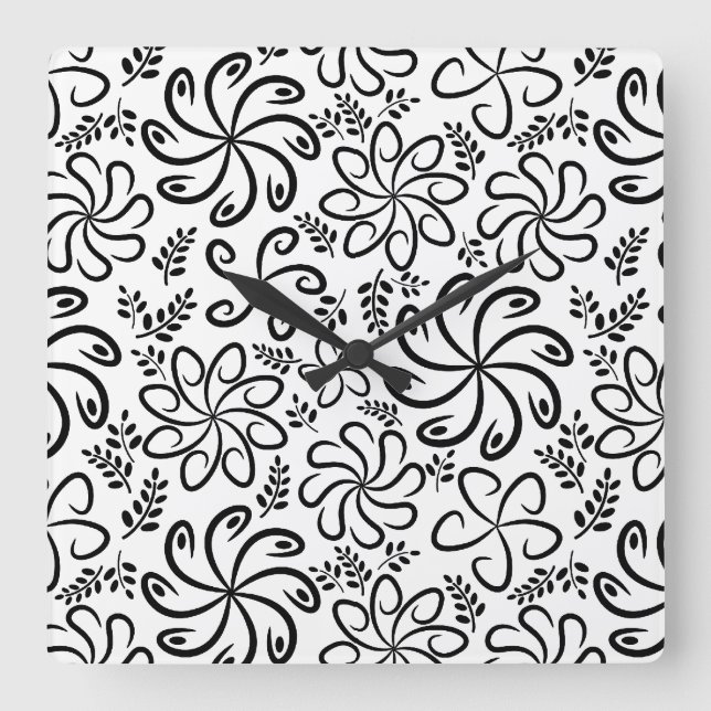 Funky Schwarz-weiße Blume Wall Clock Quadratische Wanduhr (Vorderseite)