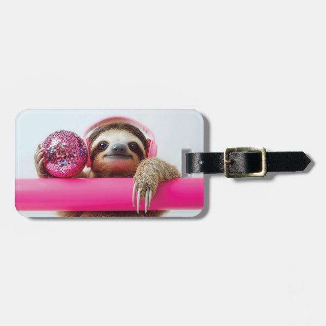 Funky Sloth mit rosa Kopfhörer und Diskothek Gepäckanhänger (Vorderseite horizontal)
