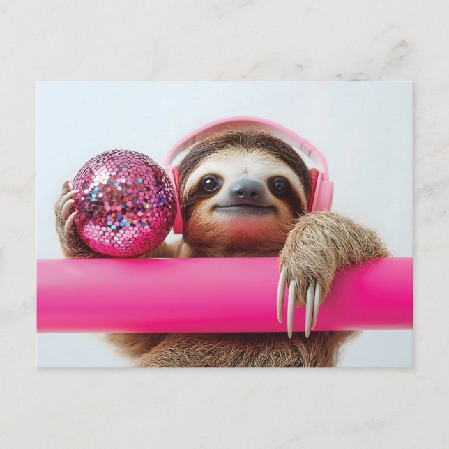 Funky Sloth mit rosa Kopfhörer und Diskothek Postkarte (Vorderseite)