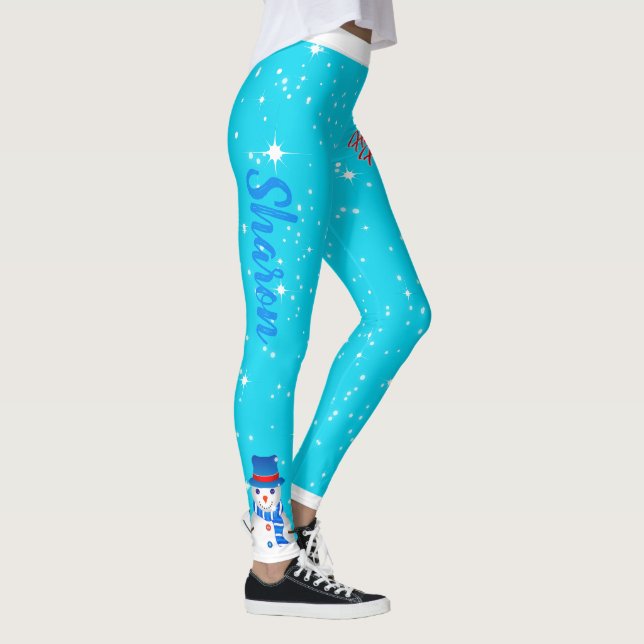 Funky Snowman und Ihr Name auf LIGHT BLUE HOLIDAY Leggings (Rechts)