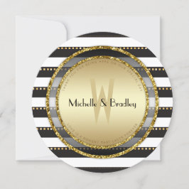 Funky Stripes Schwarz-weiß & Gold Round Wedding Einladung