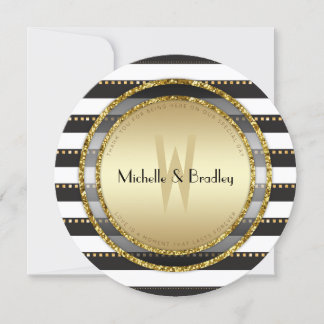 Funky Stripes Schwarz-weiß & Gold Round Wedding Einladung