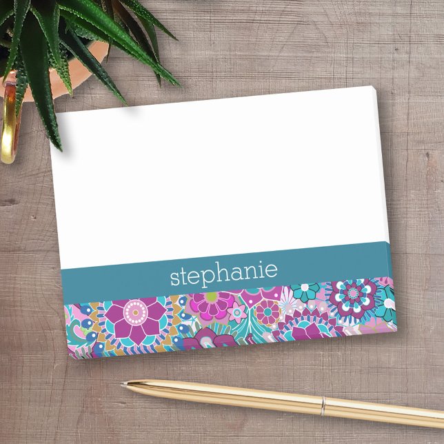 Funky Teal and Pink Floral Pattern - Add Name Post-it Klebezettel (Personalized Post-It Notes - add name or other text)