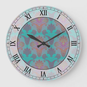 funky turquoise and magenta damask roman numerals große wanduhr